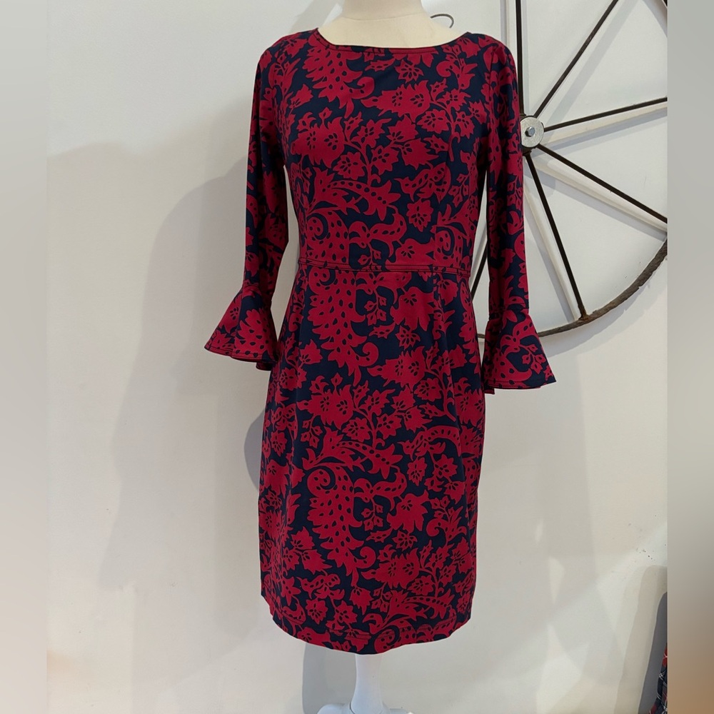 Oscar De La Renta red + navy blue floral sheath bell sleeve knee length dress 8
